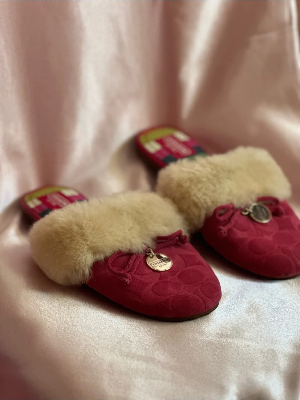 Coach CARRA signature C monogram embossed fur trim slide slippers